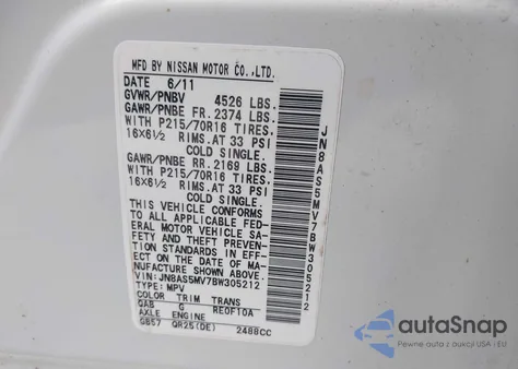 2011 Nissan Rogue S z USA, uszkodzony, nr VIN JN8AS5MV7BW305212